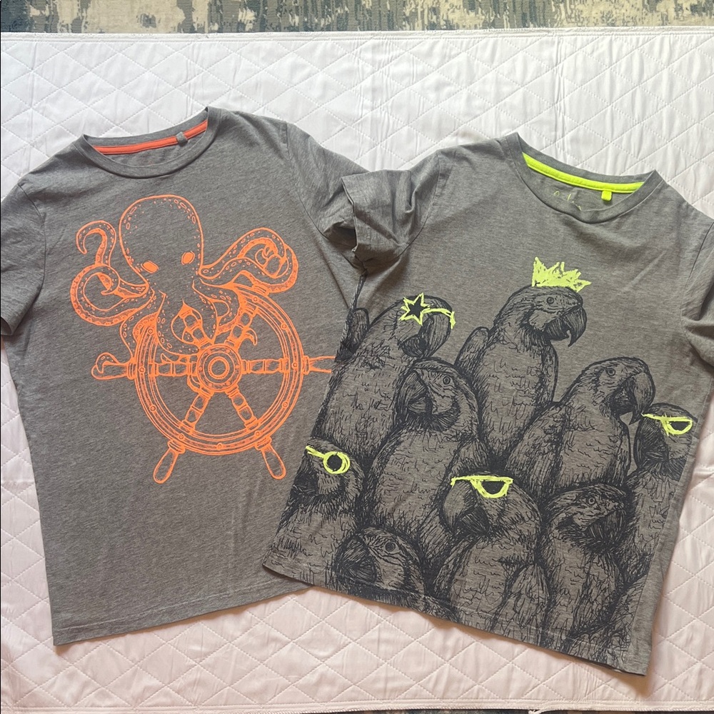 Boden Kids Gray Tee Set with Neon Orange Octopus & Neon Yellow Parrots 13/14